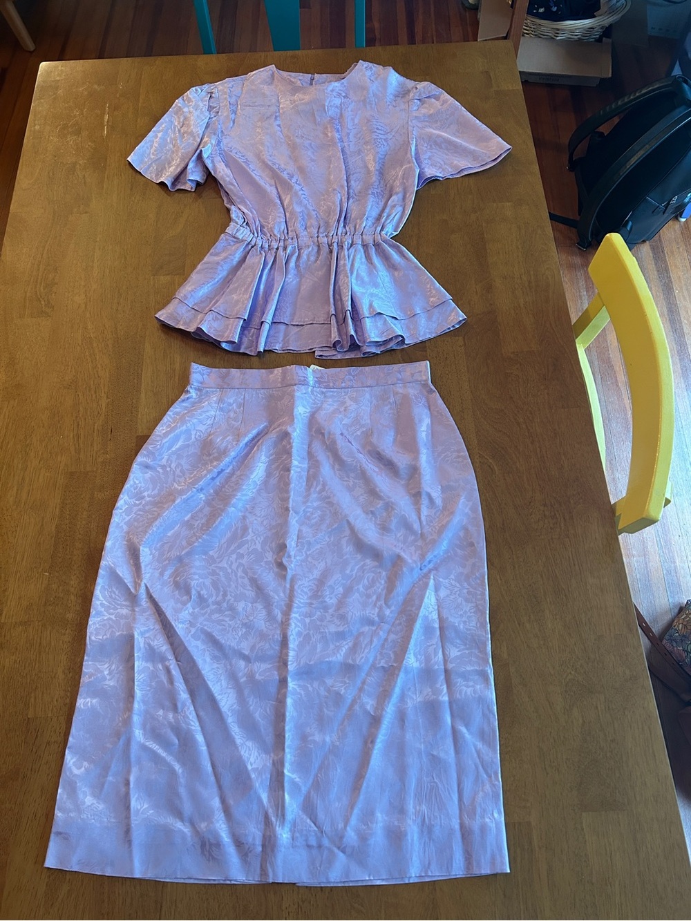 Handmade Lavender Jacquard Two-Piece Skirt Set from the 80s